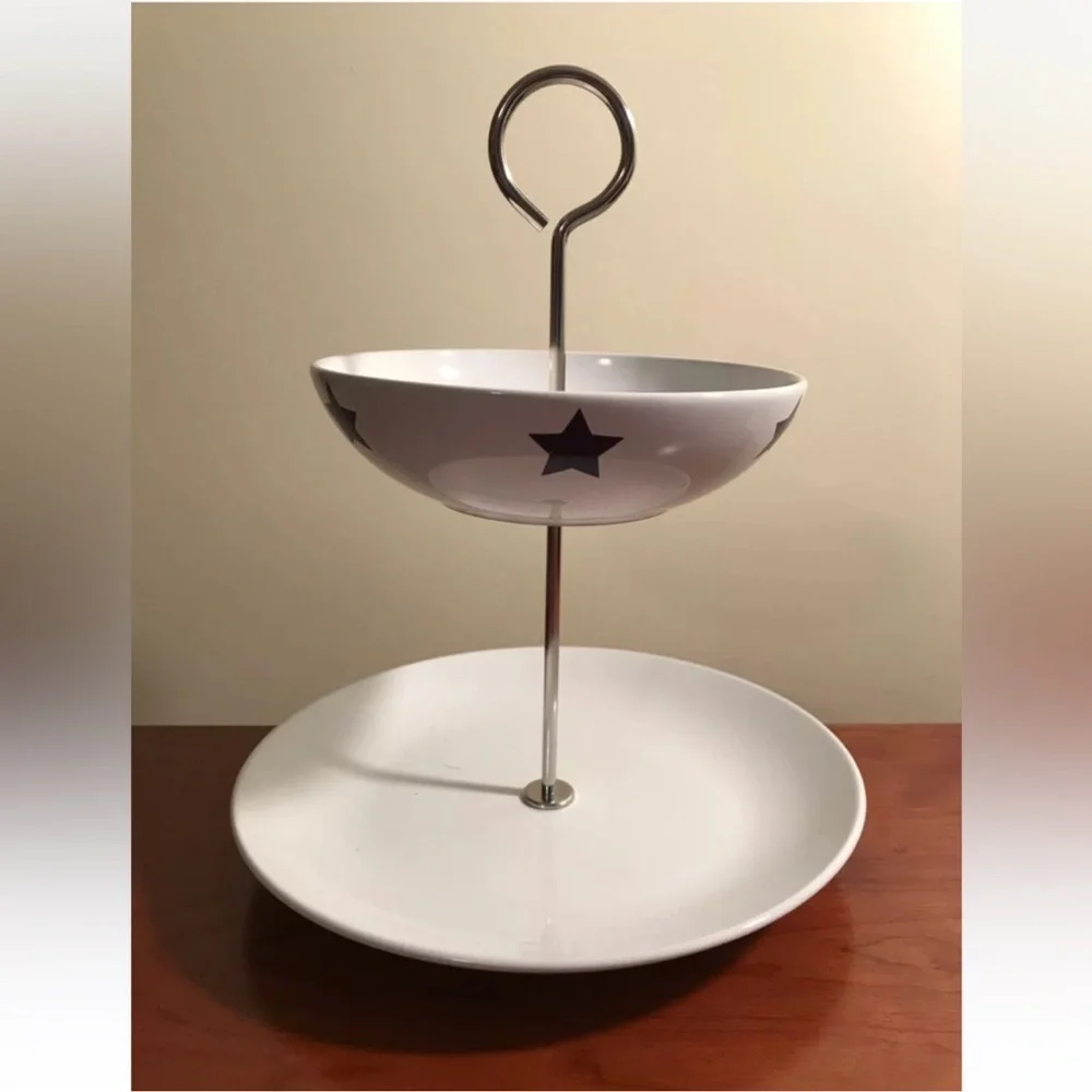 IKEA Ceramic 2 Tier Serving Caddy Tidbit Tray White Dish with Blue Stars #10866